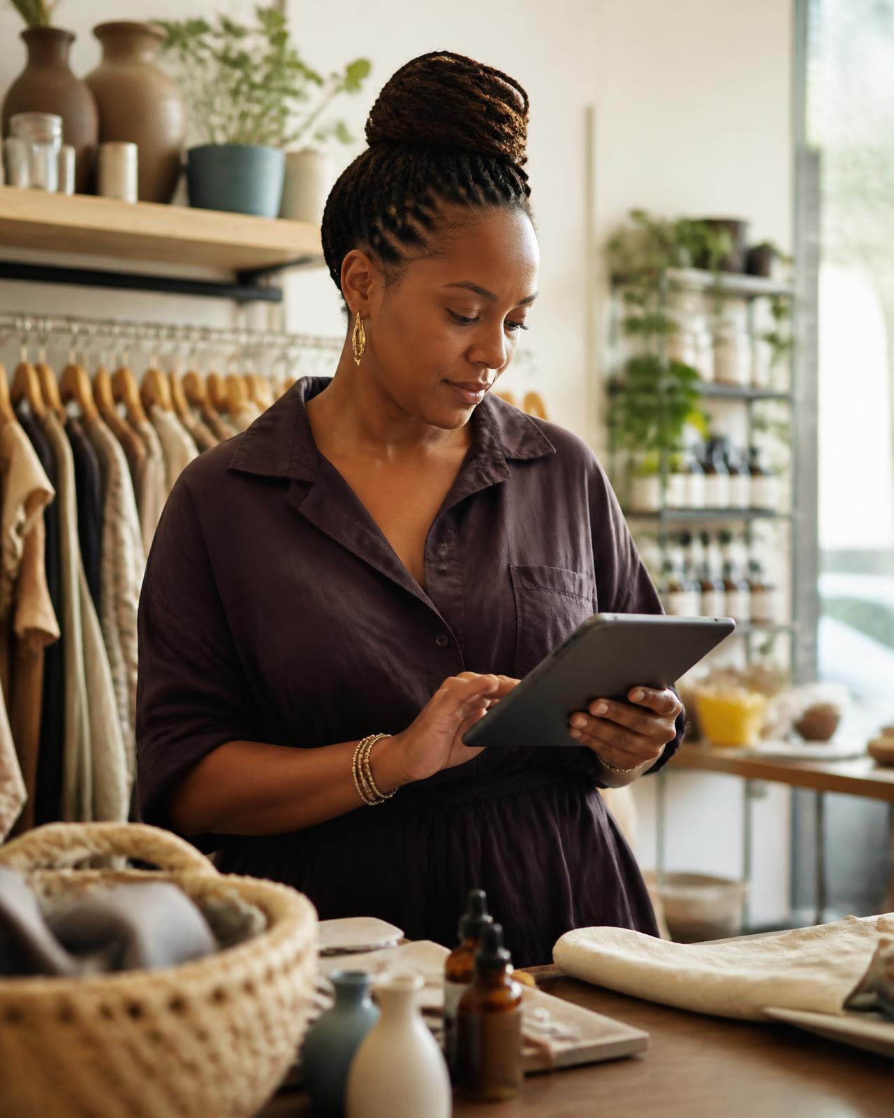 A shop owner reviewing participation results on a tablet behind her counter