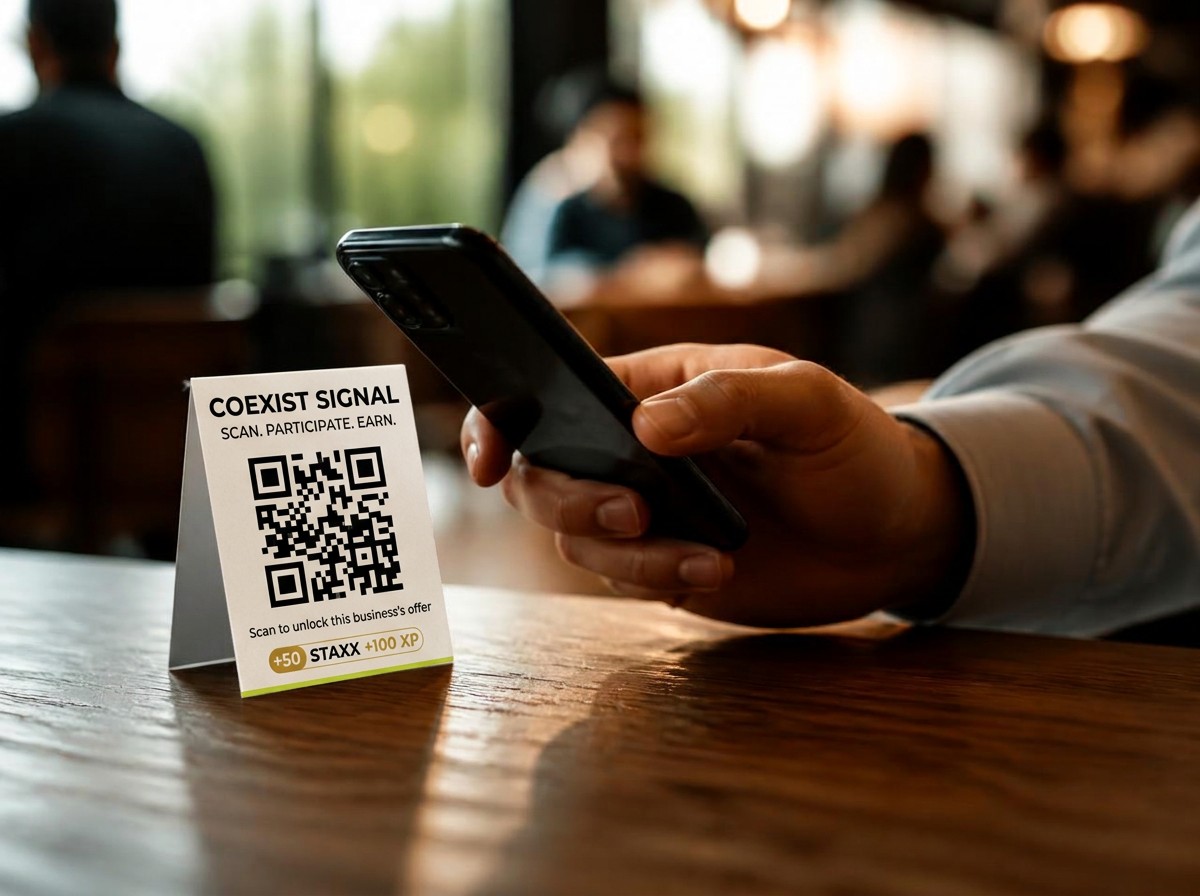 A customer scanning a Signal QR touchpoint at a cafe table